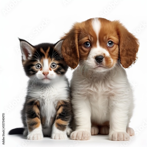 Baby kitten and puppy together. isolated on white background. Generative AI