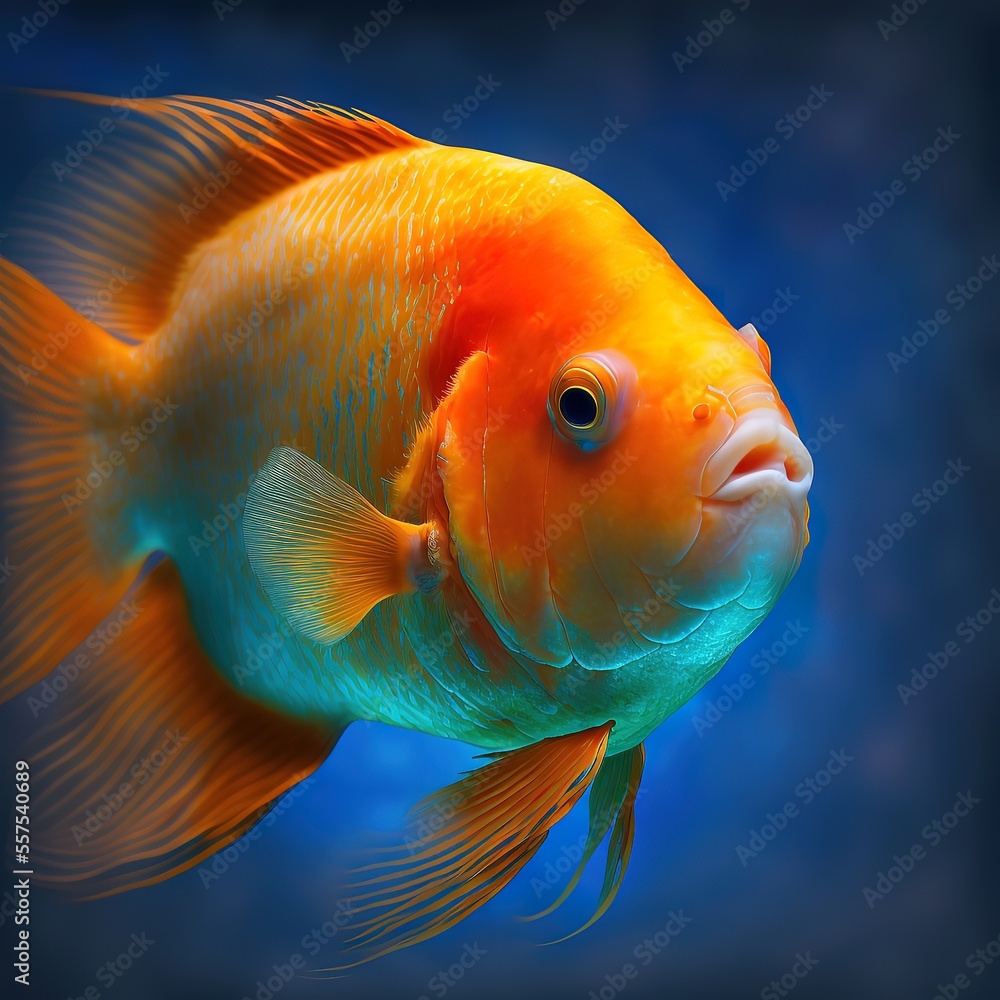 Close-up of orange red parrot cichlid on emerald blue background. Aquarium fish swimming to meet or feed marine life. Photos during diving. Sea or water parrot or smiling fish. Generative AI Close-up of orange red parrot cichlid on emerald blue background. Aquarium fish swimming to meet or feed marine life. Photos during diving. Sea or water parrot or smiling fish. Generative AI