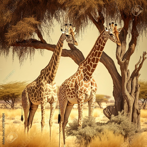 Giraffes in the savannah with many trees and bushes in the background. Generative AI