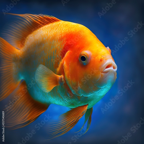 Close-up of orange red parrot cichlid on emerald blue background. Aquarium fish swimming to meet or feed marine life. Photos during diving. Sea or water parrot or smiling fish. Generative AI