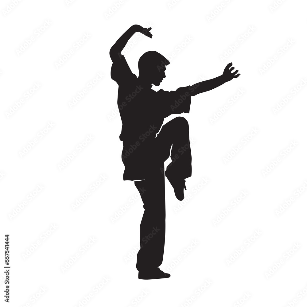 Chinese martial arts kung fu man standing posing silhouette vector. Shaolin master illustration on white.
