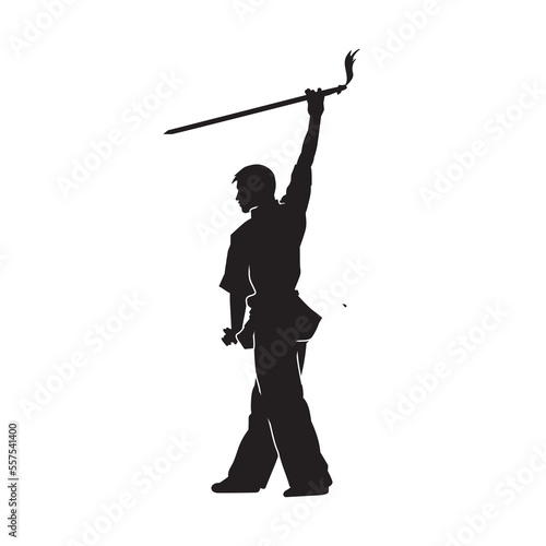 Vector silhouette of martial arts kung fu man standing and use sword to perform. Shaolin master illustration on white.