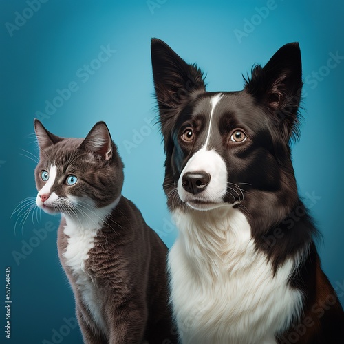 tabby cat and border collie dog in front of a blue gradient background. Generative AI