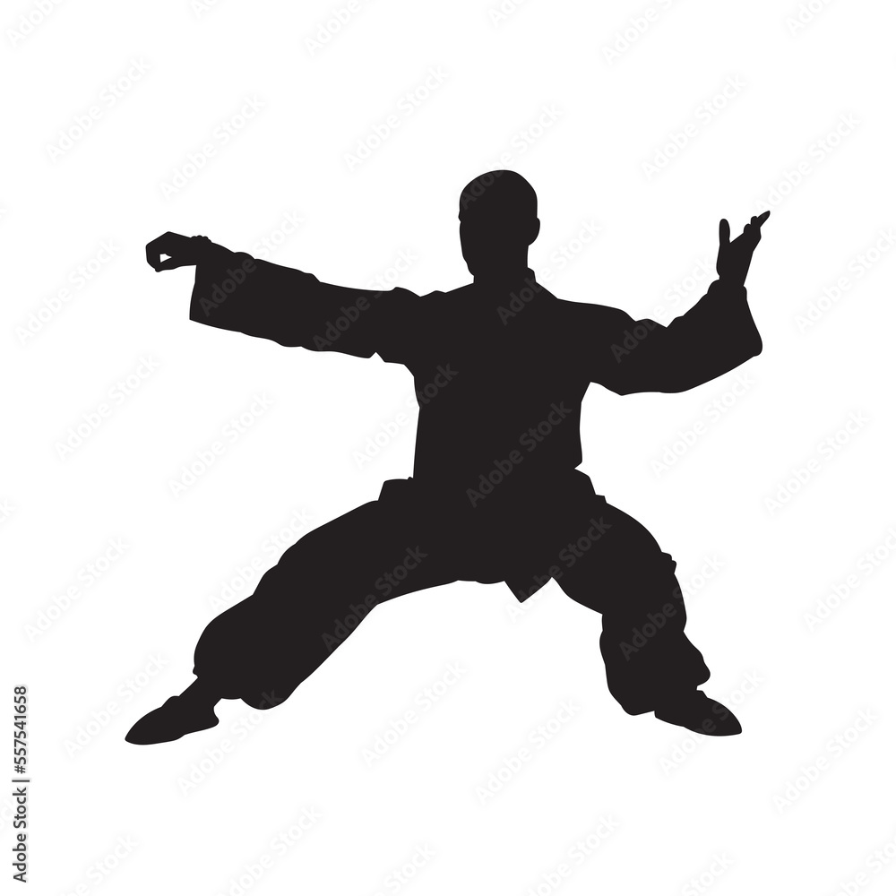 Male martial arts kung fu man standing posing silhouette vector. Shaolin master illustration.