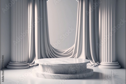 white marble platform pedestal display stage pillars with curtain background for showcasing product item 3d illustration template