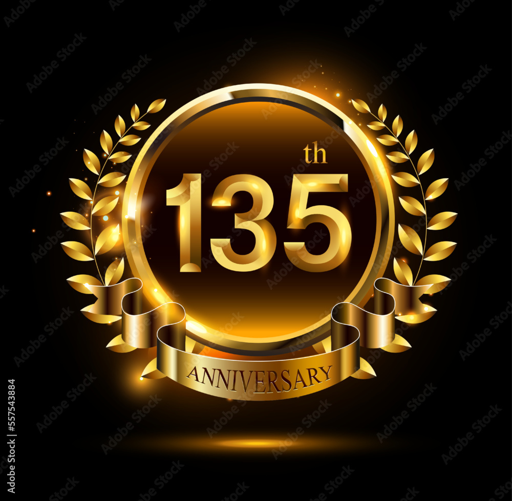 Naklejka premium 135th golden anniversary logo with ring & ribbon, luxury laurel wreath