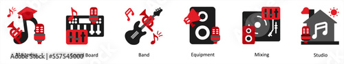 Six music icons in red and black as mastering, sound board, band,