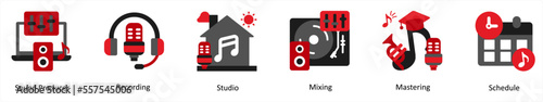 Six music icons in red and black as sound producer, recording, studio