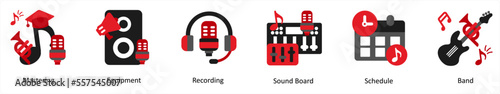 Six music icons in red and black as mastering, equipment, recording