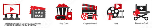 Six cinema icons in red and black as cinema hall, ticket, popcorn