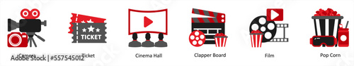 Six cinema icons in red and black as camera, ticket, cinema hall