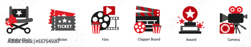 Six cinema icons in red and black as director chair, ticket, film