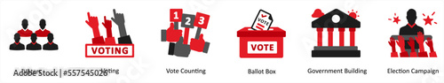 Six election icons in red and black as voters, voting, vote counting