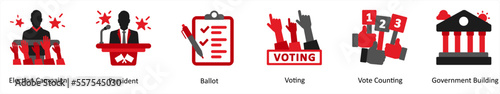 Six election icons in red and black as election campaign, president, ballot