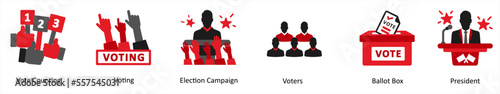 Six election icons in red and black as vote counting, voting, election campaign