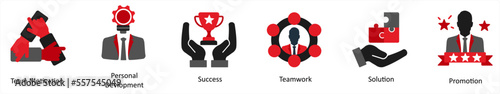 Six business icons in red and black as team motivation, personal development, success