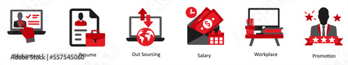 Six business icons in red and black as recruitment, resume, out sourcing