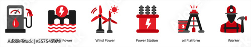 Six ecology icons in red and black as oil and gas, water power, wind power