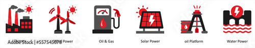 Six ecology icons in red and black as factory, wind power, oil and gas