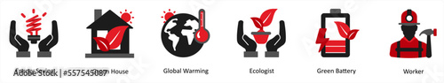 Six insurance icons in red and black as energy saving, green house