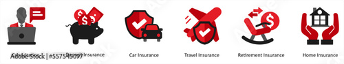 Six insurance icons in red and black as consultation, deposit insurance, car insurance
