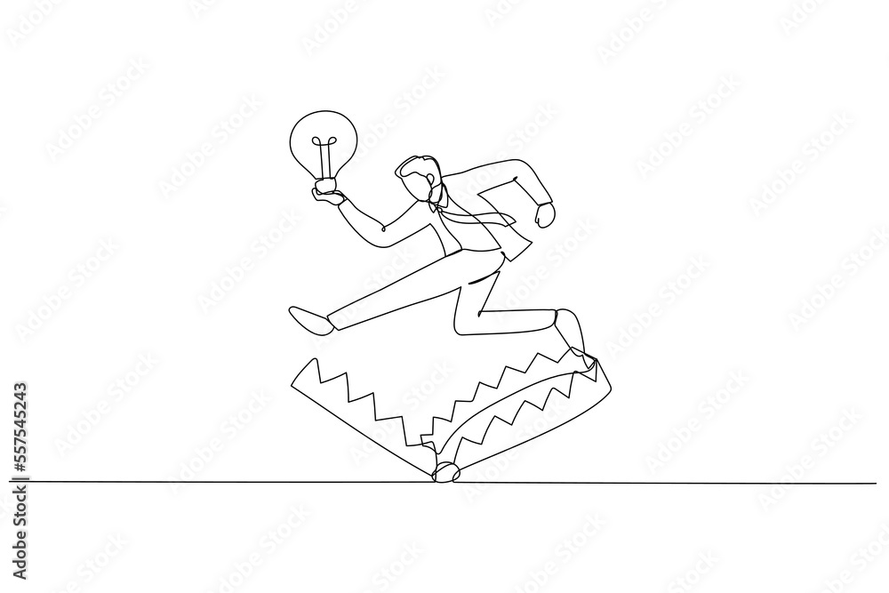 Cartoon of businessman avoid trap with good business idea lightbulb. One continuous line art style