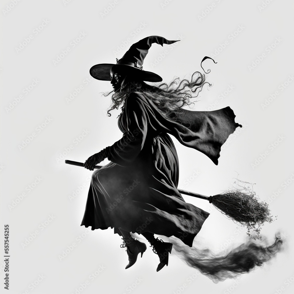 A witch flies on a broom in the white background, created with Generative AI technology - obrazy, fototapety, plakaty 
