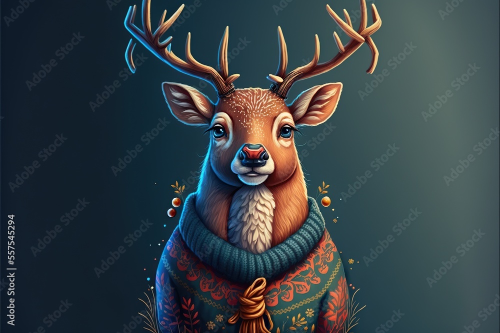 Cartoon deer wears a new years sweater with reindeer , created with Generative AI technology