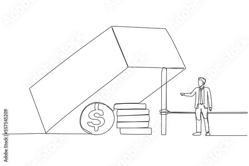 Cartoon of businessman trying to reach dollar profit in the trap metaphor of business risk. Single line art style