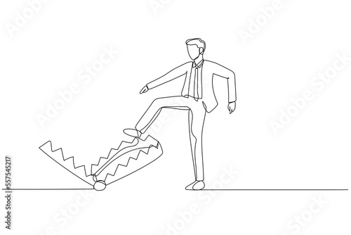 Drawing of businessman carefully walk into mouse trap concept business risk. Continuous line art