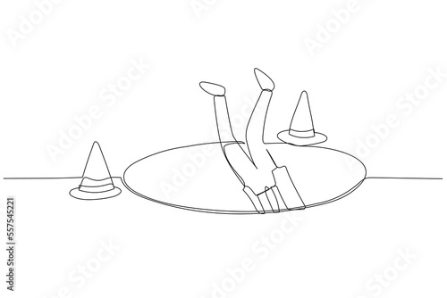 Cartoon of businessman fall down into trap hole metaphor of failure or mistake. One line style art