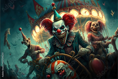 A lot of evil clowns ride the carousel, created with Generative AI technology photo