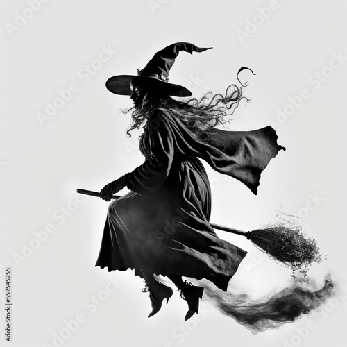 A witch flies on a broom in the white background, created with Generative AI technology