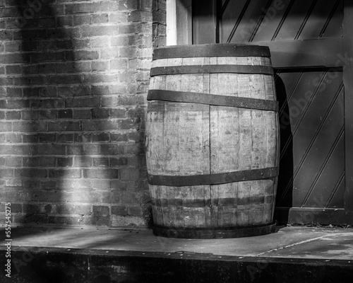 old wooden barrel in black and white
