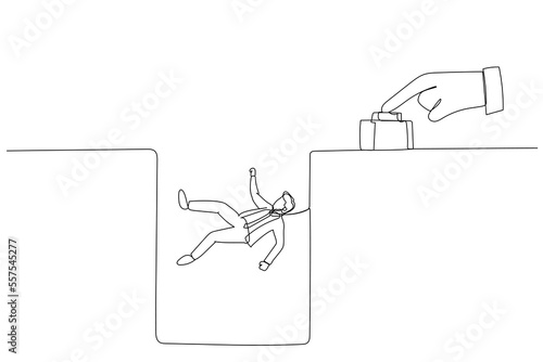 Illustration of big hand push button make businessman dropped concept of layoff failure. Single line art style