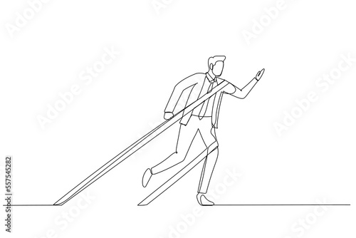 Drawing of businessman tied up with tape rope try to escape concept of business difficulty. Single continuous line art style
