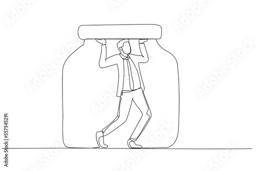 Cartoon of businessman trapped in a jar concept of business limitation. One line art style