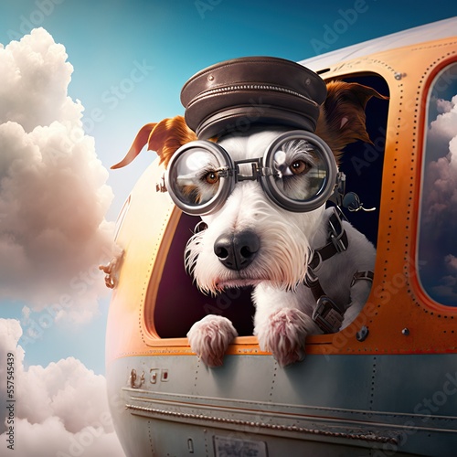 Funny dog travelling by airplane, created with Generative AI technology photo
