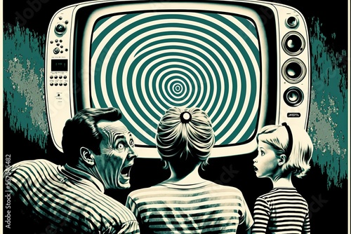 Hypnotised zombie family watching news propaganda on tv, created with Generative AI technology photo