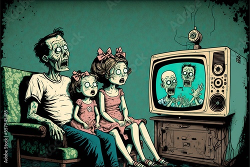 Hypnotised zombie family watching news propaganda on tv, created with Generative AI technology