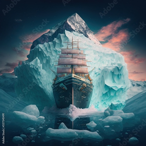 Iceberg and a ship, created with Generative AI technology photo