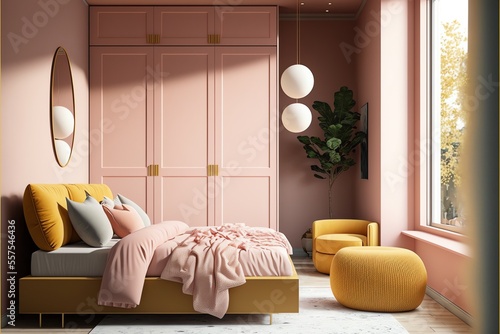 realistic diagrammatic view 3d render photo of a harmonious and joyful style bedroom with a wardrobe and a dark pink main wall photo