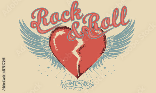 Heartbreak vector print design. Rock and roll poster. Eagle wing vintage print design for   sticker, poster, background and others.