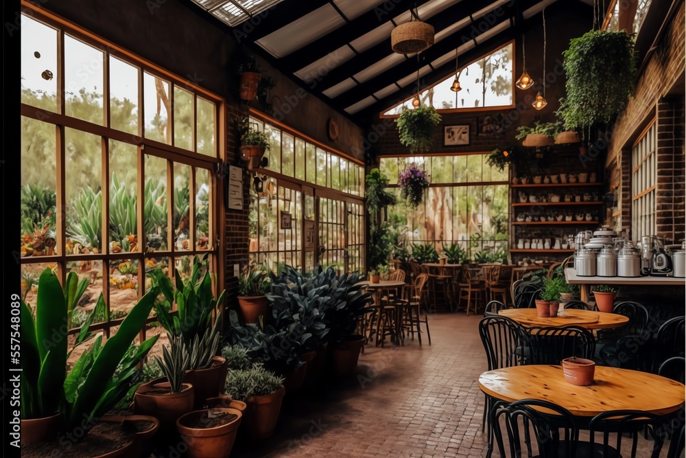 A coffee shop inside a giant greenhouse, 3d render coffee shop is inside a giant greenhouse, Spacious, open layout, high ceilings, windows, glass walls, tropical plants