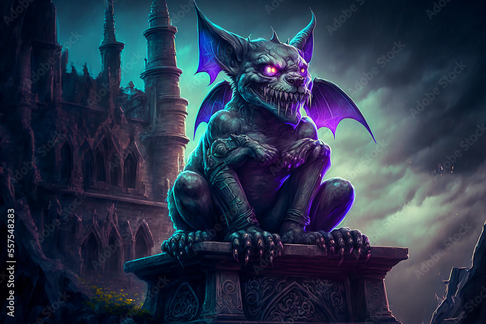 spooky light gargoyle with glowing eyes sitting on top of a Gothic cathedral. Generative AI