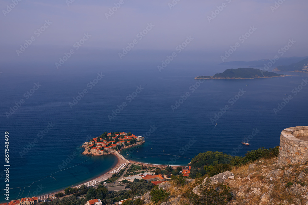 Sveti Stefan island in Montenegro. Luxury resort at Adriatic sea. Top view. Famous travel destination