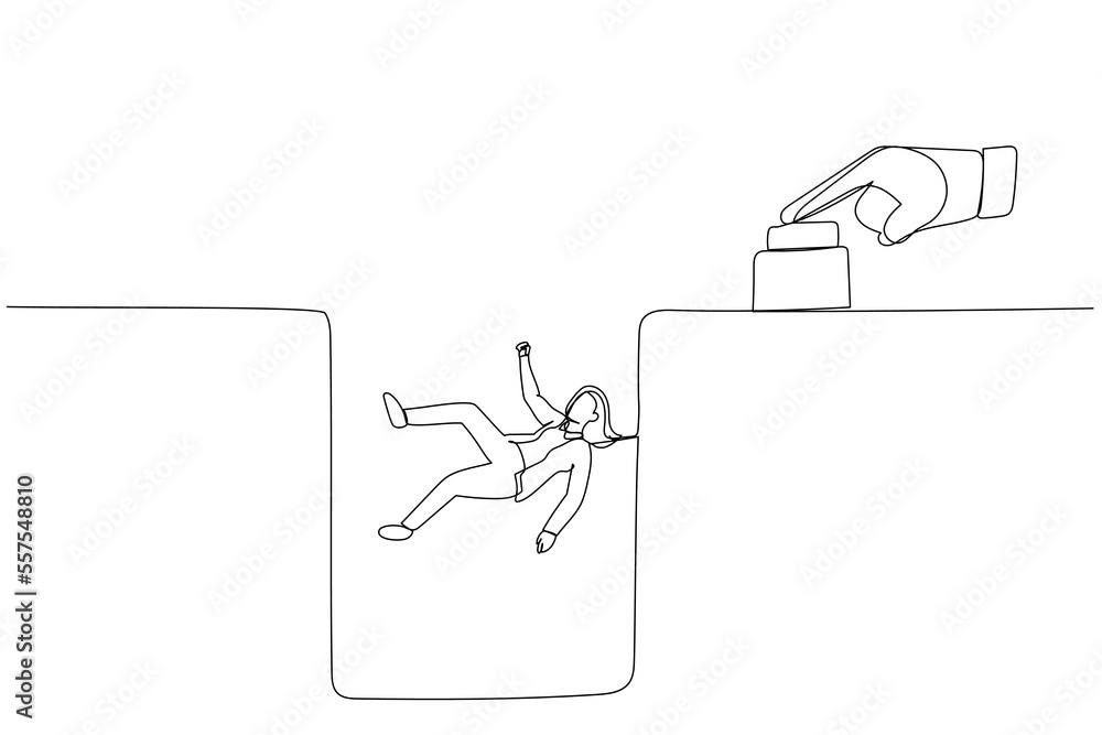 Drawing of big hand push button make business woman dropped concept of layoff failure. One line art style Drawing of big hand push button make business woman dropped concept of layoff failure. One line art style