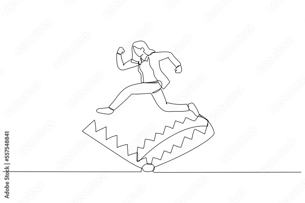 Drawing of business woman jump over trap metaphor of avoid scam business project. One line style art Drawing of business woman jump over trap metaphor of avoid scam business project. One line style art