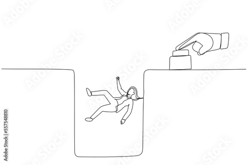 Drawing of big hand push button make business woman dropped concept of layoff failure. One line art style