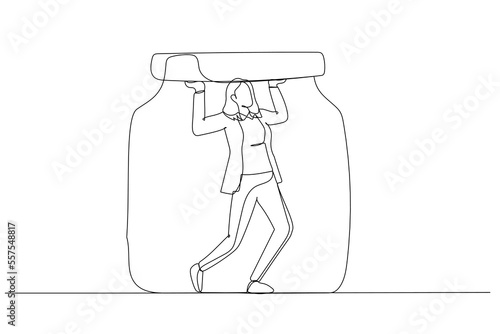 Illustration of business woman trapped in a jar concept of business limitation. Single continuous line art style
